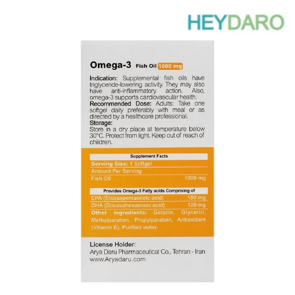 امگا 3 آریا دارو، فراهم کننده 180 میلی گرم EPA و 120 میلی گرم DHA در هر سافت ژل
